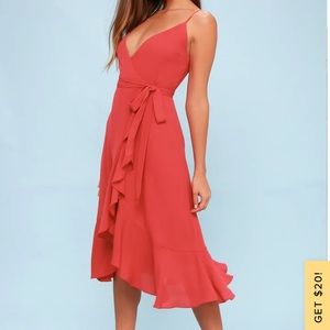 Lulu’s Manhattan Moment Berry Pink Coral Ruffled Midi Wrap Dress